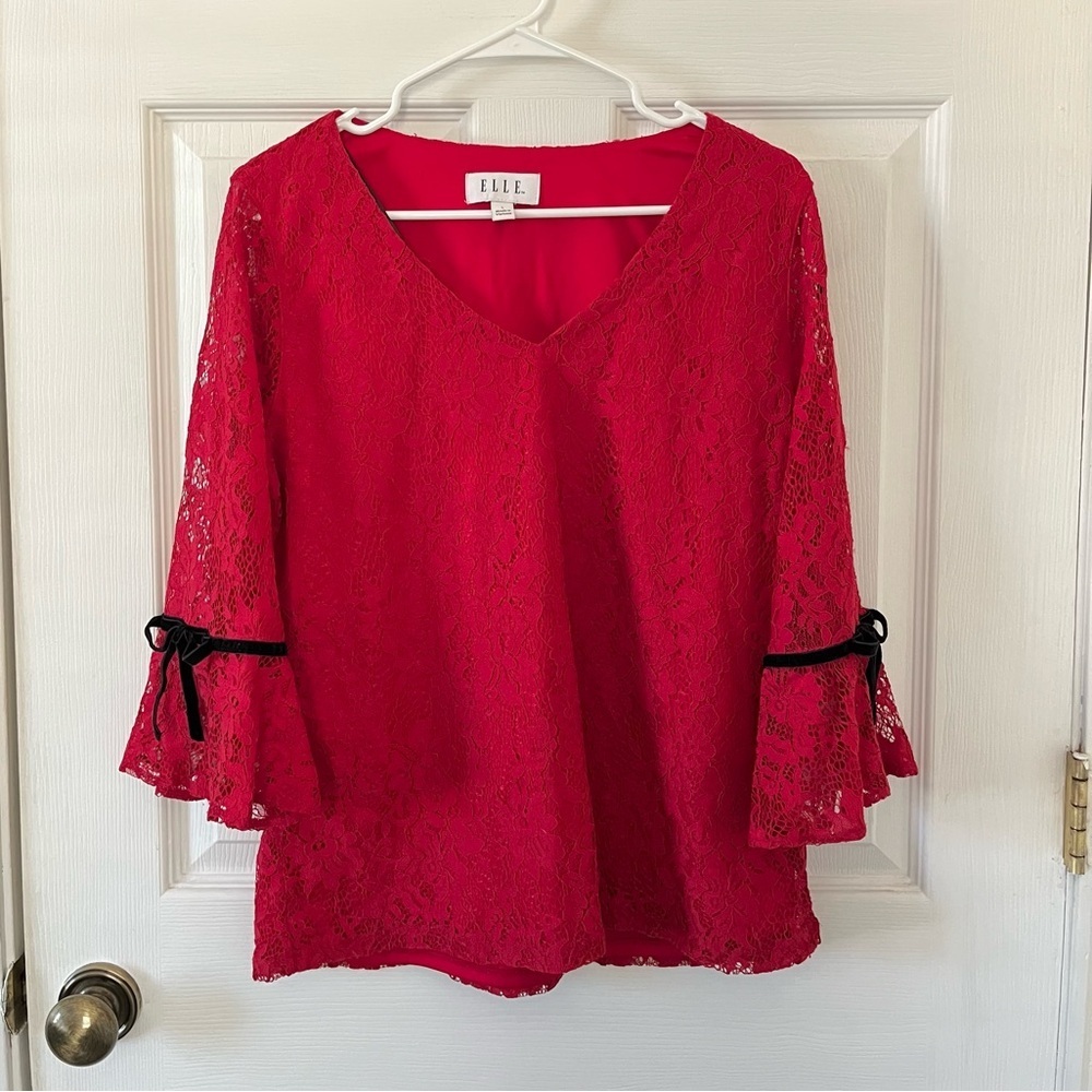 Elle Red Lace Blouse with Black Ribbon Detail